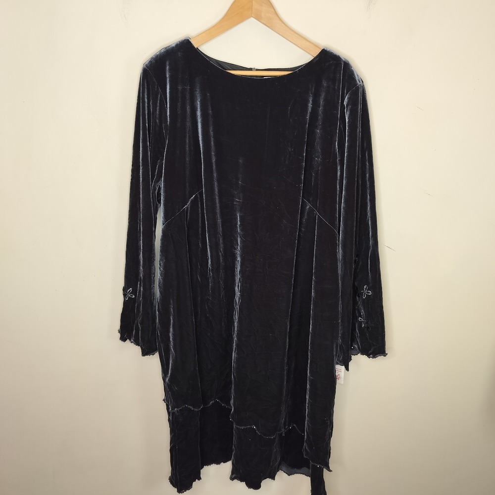 Robbie Bee Grey Velvet Dress Floral Embroidered Beaded Long Sleeve